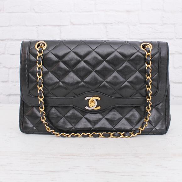 Chanel Paris Limited Two Tone Double Flap Black Lambskin Leather Shoulder A5106 - Picture 1 of 12